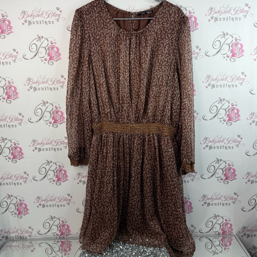 Dex dress, floral, gold stripes, keyhole, opening Brown Long Sleeve Dress